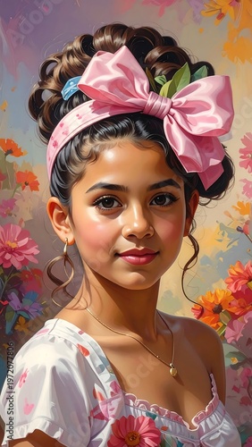 A young girl with a pink bow in her hair