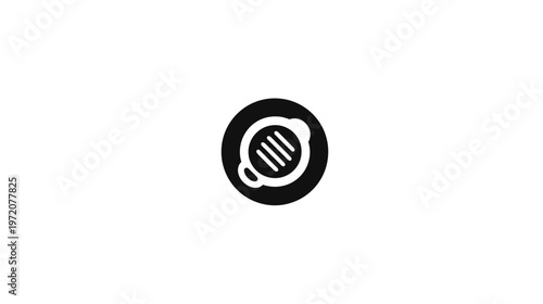 A white griddle pan design inside a black circle against a blank white backdrop