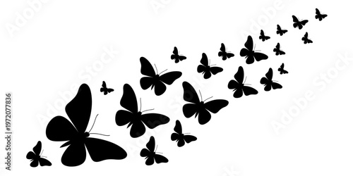 A beautiful swarm of black butterflies flying in a diagonal pattern against a white background Vector, illustration
