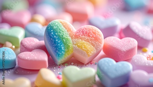 Colorful heart-shaped candies with rainbow design