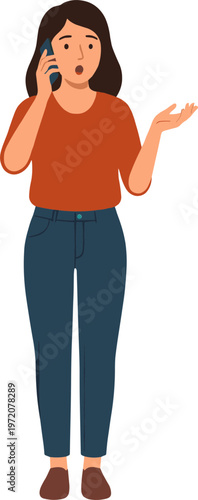 A woman talks on phone with surprised expression standing alone indoors