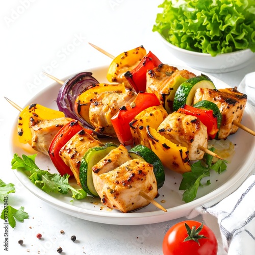 Grilled chicken and vegetable skewers on a white plate