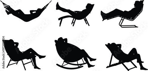 Silhouette illustration of people relaxing on chairs and hammock, leisure lifestyle, rest, comfort, stress relief, relaxation poses, and modern resting concept collection design