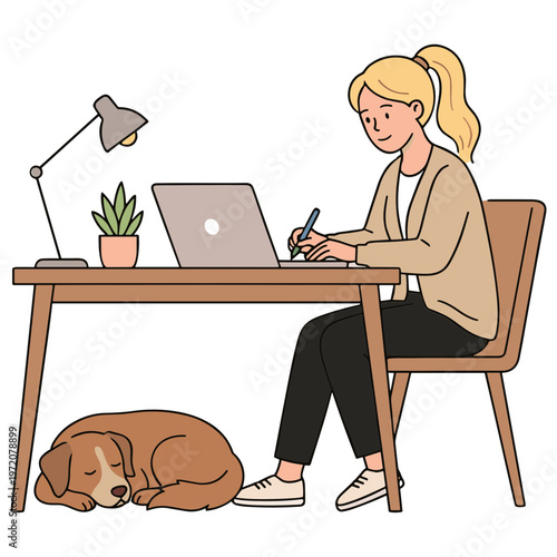 Woman sitting at desk with laptop and dog sleeping underneath