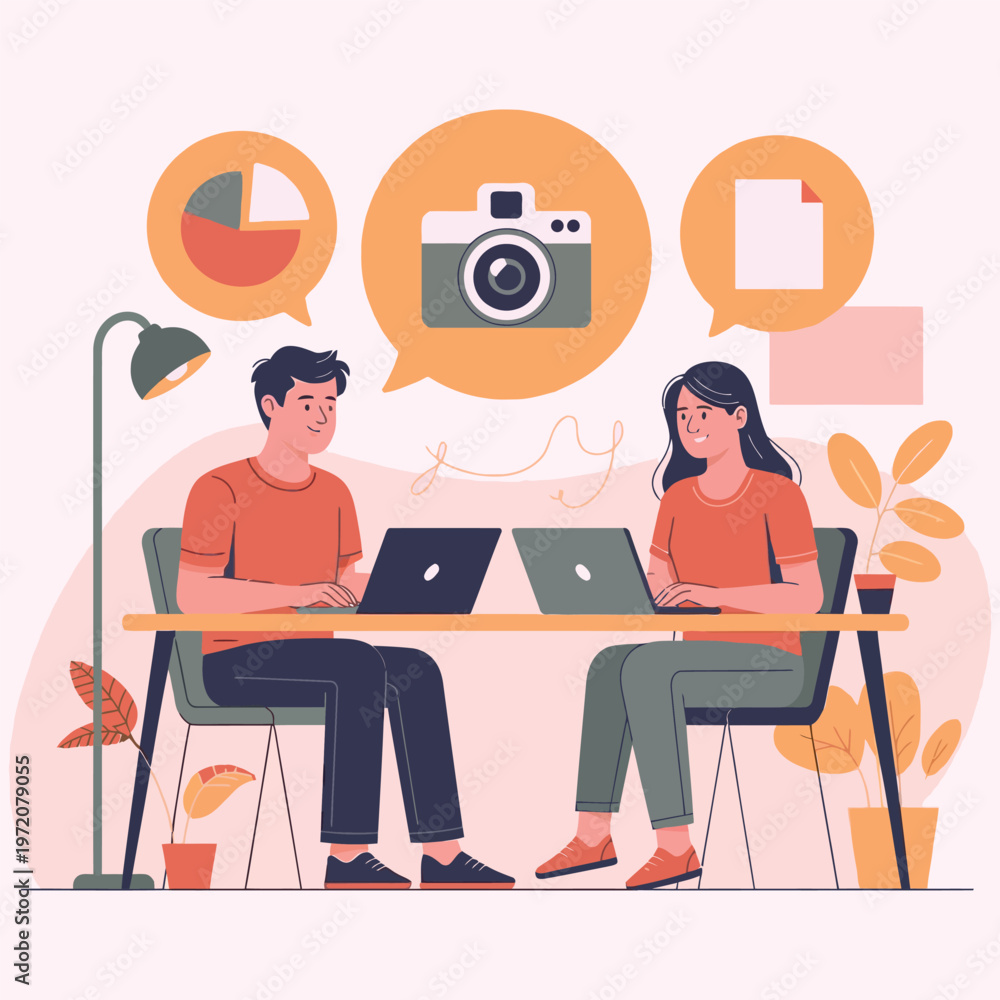 Fototapeta premium Two people collaborating on a project using laptops and creative tools