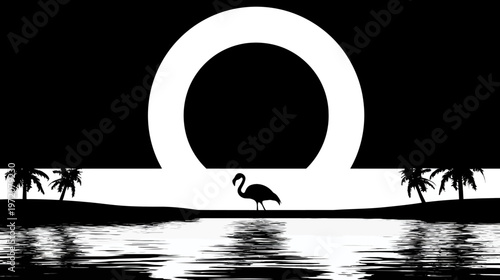 A monochrome illustration of a flamingo, palms and water with a large circular design