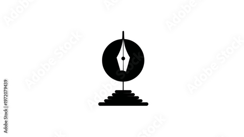 A simple, black-and-white image of a fountain pen inside of a circle, atop a stepped base