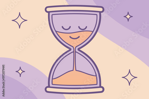 Smiling hourglass with purple and peach colors and sparkles smile