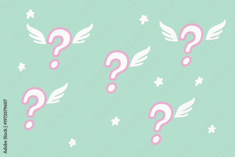 Fototapeta premium Question marks with wings and stars on mint green cartoon