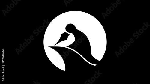 A simple, black-and-white icon depicting a person writing with a quill, encircled in white