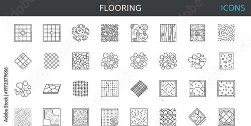 Flooring pattern icon set with tile layouts parquet wood marble mosaic geometric floor plan surface texture symbols