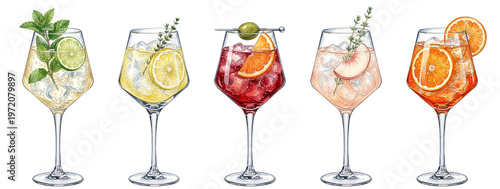 watercolor spritz cocktail illustrations with fruit and herb garnishes on a transparent background
