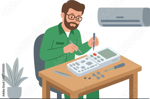 A man in a green uniform repairs an air conditioner control panel indoors.