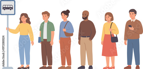 People wait in line at a bus stop with various passengers