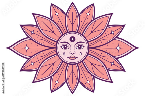 Pink sun with face and tears on white background purple
