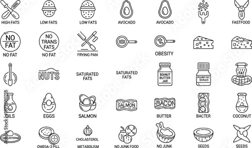 Healthy and unhealthy food nutrition icon set with fats cholesterol avocado salmon nuts butter omega oils diet symbols collection