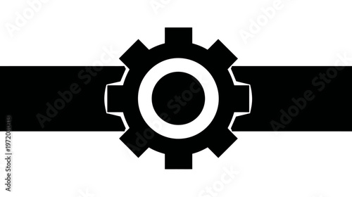 A cogwheel, a mechanical device, is centered over a wide horizontal black stripe on a white background