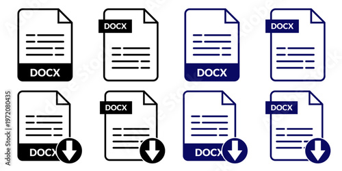 DOCX File Format Icon Set with Download Arrow Flat Vector