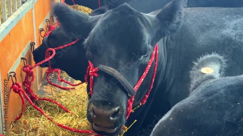 lovely black Bull Cow weighing over One Ton at Royal Sydney Easter Show feeding on Hay in Sydney NSW Australia