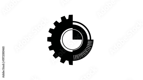 A monochrome illustration combines a gear with a sectioned circle & a fan-like segmented structure