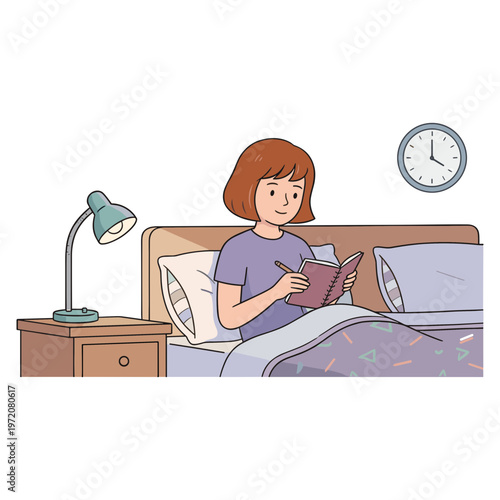 A woman reads a book in bed under a lamp at night.