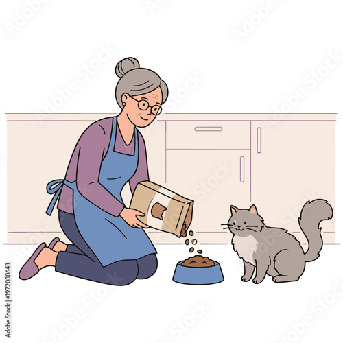 Woman feeds her cat in a kitchen while kneeling beside a bowl
