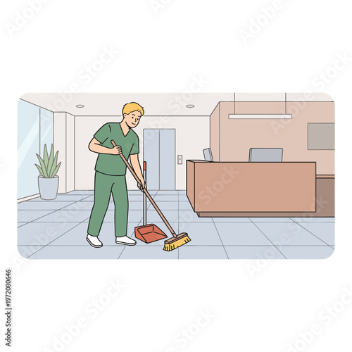A man in green scrubs is cleaning the floor with a mop in an office.