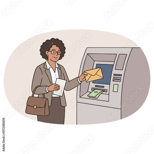 A smiling woman inserts an envelope into an ATM.
