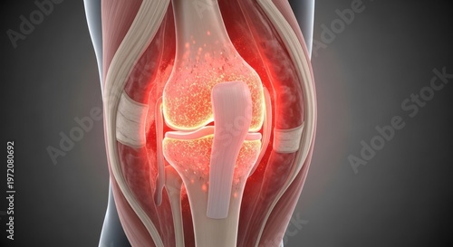 A human knee joint with visible cartilage and ligaments, highlighted in red to indicate pain or inflammation.