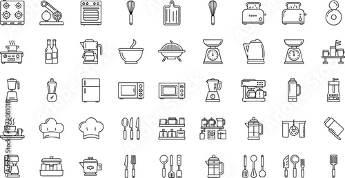 Kitchen appliances line icon set featuring cookware utensils toaster blender microwave coffee maker scales cooking tools outline vector collection