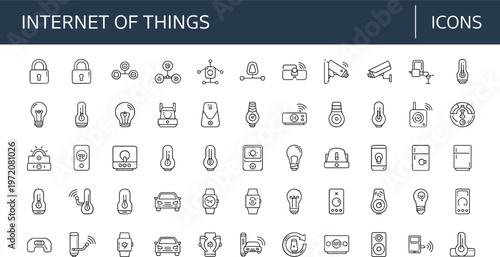 Internet of things outline icons set with smart home devices sensors thermostat camera wearable technology vector line collection