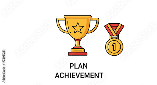 Obraz na płótnie Plan Achievement Concept Illustration with Gold Trophy and First Place Medal Icons