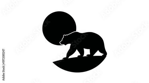 A black bear silhouette walks across a half circle with the sun/moon in the background