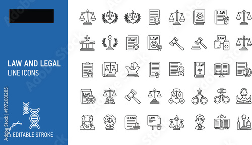 Law and legal line icons set with justice scales court gavel attorney judiciary editable stroke outline vector collection