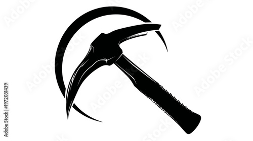 A stark, monochrome image of a pickaxe silhouetted against a partial crescent shape