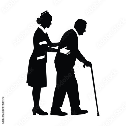 Silhouette of Nurse Assisting Elderly Person with Cane Symbolizing Caregiving and Healthcare Support