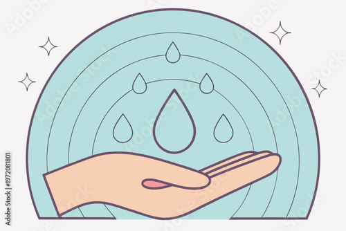 Hand holding water droplets on blue background