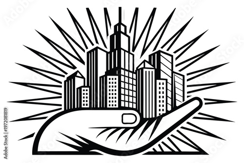 Hand holding city skyline on white background