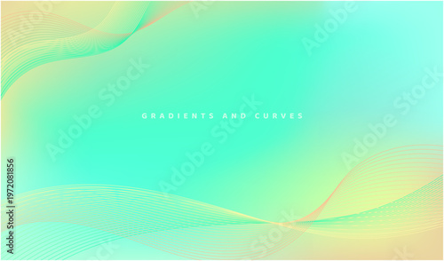 ミントグリーンの発光感あるグラデーションに黄緑からオレンジの細い曲線を上下に流した爽やかなベクター背景