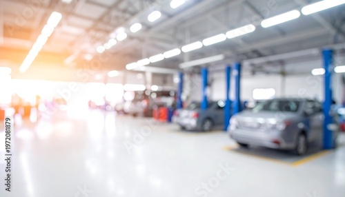 Blurred view of a bright, clean auto repair shop with cars and hydraulic lifts, bathed in warm light