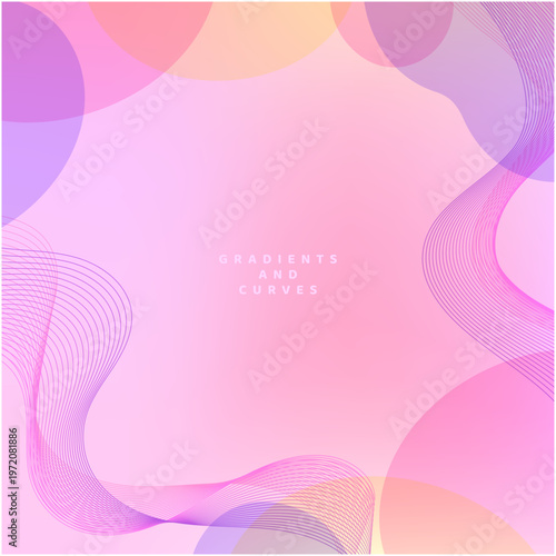 ピンクとピーチのやさしいグラデーションに丸い半透明モチーフと紫の波線を配したフェミニンな抽象ベクター