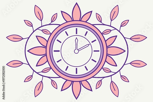 Clock surrounded by leaves and flowers in purple and pink hues