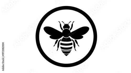 A bee silhouette enclosed within a circular frame, presented on a white background