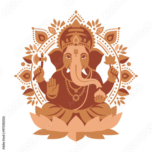 Lord Ganesha in lotus position with mandala background.