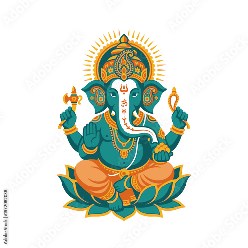 Lord Ganesha sitting on a lotus flower, Hindu deity.