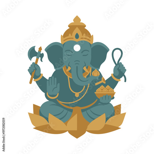 Stylized illustration of Hindu deity Ganesha meditating on a lotus flower.