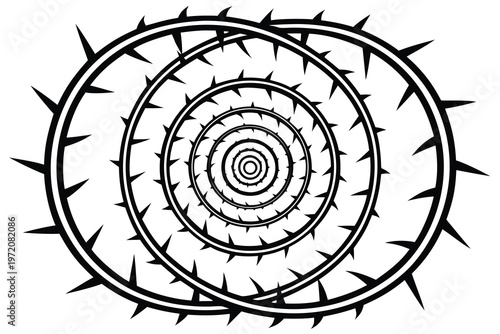 Black spiral thorn pattern on white background