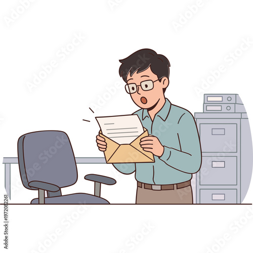 Man surprised reading document in office with chair and filing cabinet