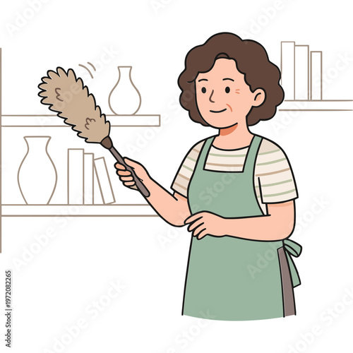 A woman wearing an apron is cleaning with a duster in a room with shelves.