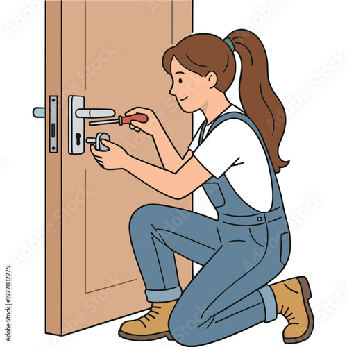 A woman kneeling beside a door installing a lock with a screwdriver.